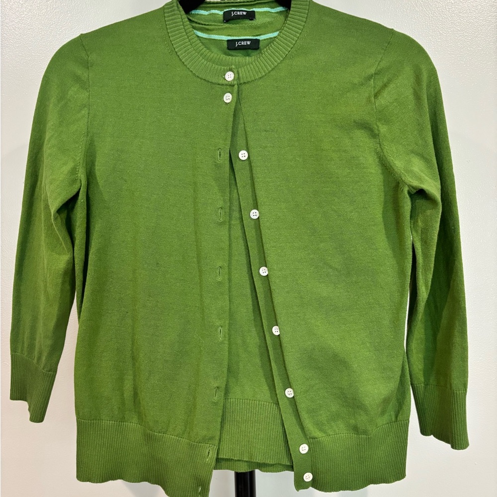 J. Crew Green Crewneck Cardigan 3/4 sleeve with matching vest sweater set